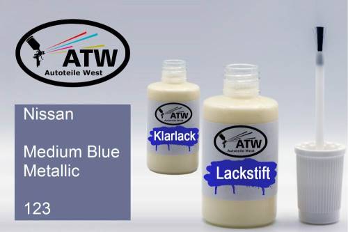 Nissan, Medium Blue Metallic, 123: 20ml Lackstift + 20ml Klarlack - Set, von ATW Autoteile West.